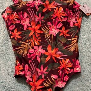 Shade & Shore Kids Tropical Floral Swimsuit - Pink and Orange